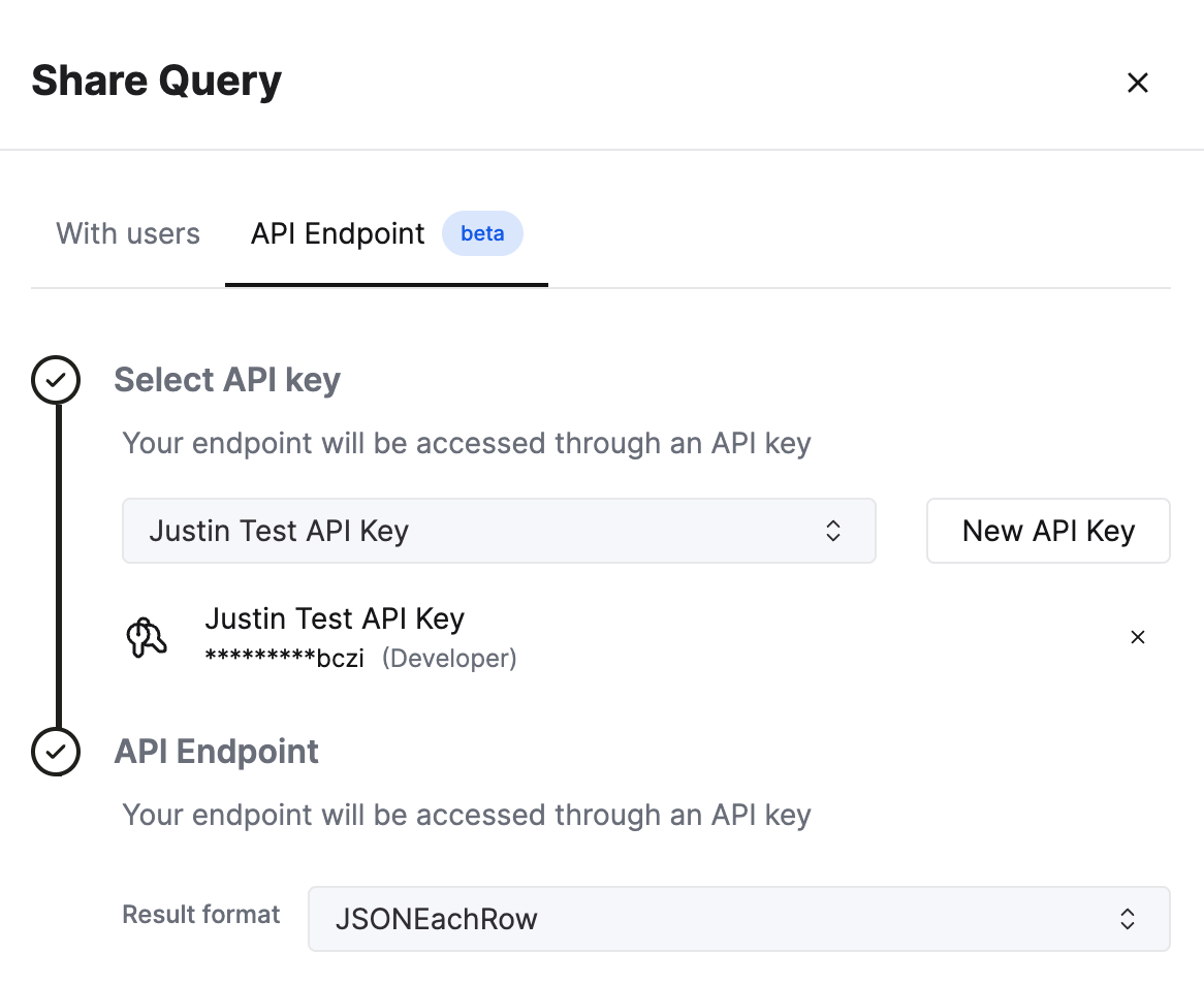 Интерфейс ClickHouse Cloud с настройками Query Endpoints и параметрами формата вывода